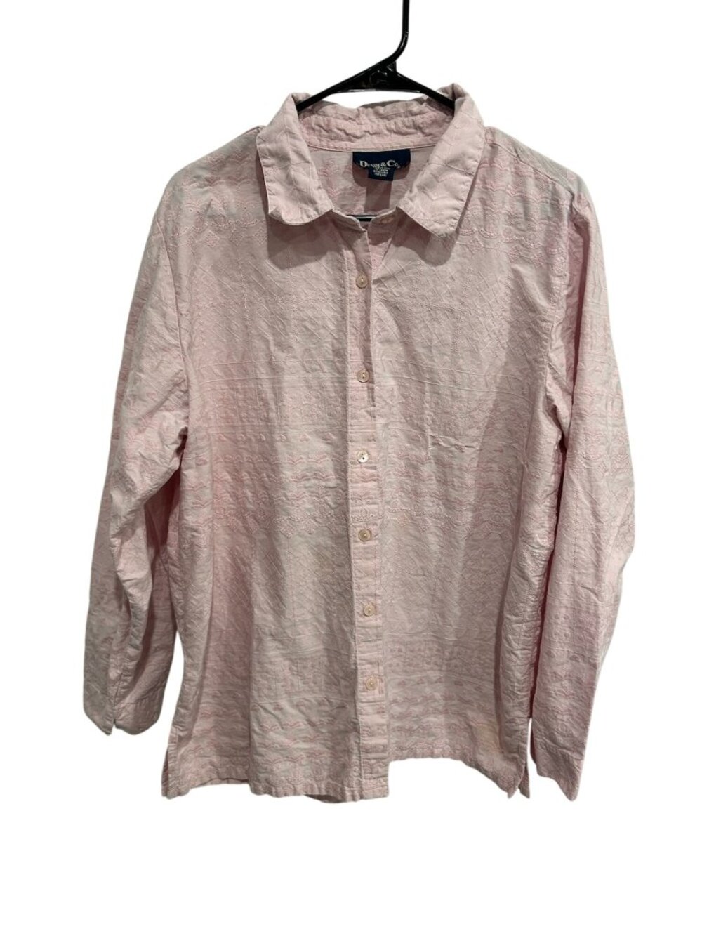 Denim & Co. Embroidered Button Front Shirt Pink Sz XL Long Sleeve Cotton Career